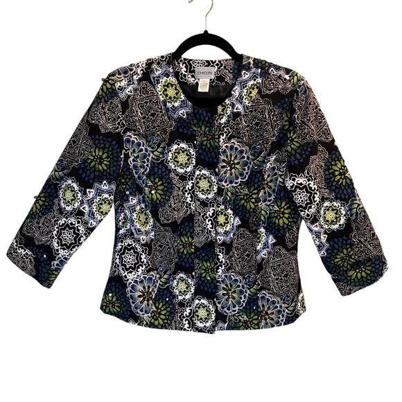 Chico's Black Floral Button Front Jackets Size Small Sequins Beaded Cotton - Picture 10 of 11